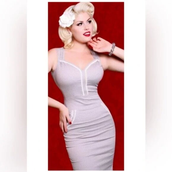 Bettie Page Retro Pin Up Polka Dot Wiggle Dress Sz L - Picture 1 of 7